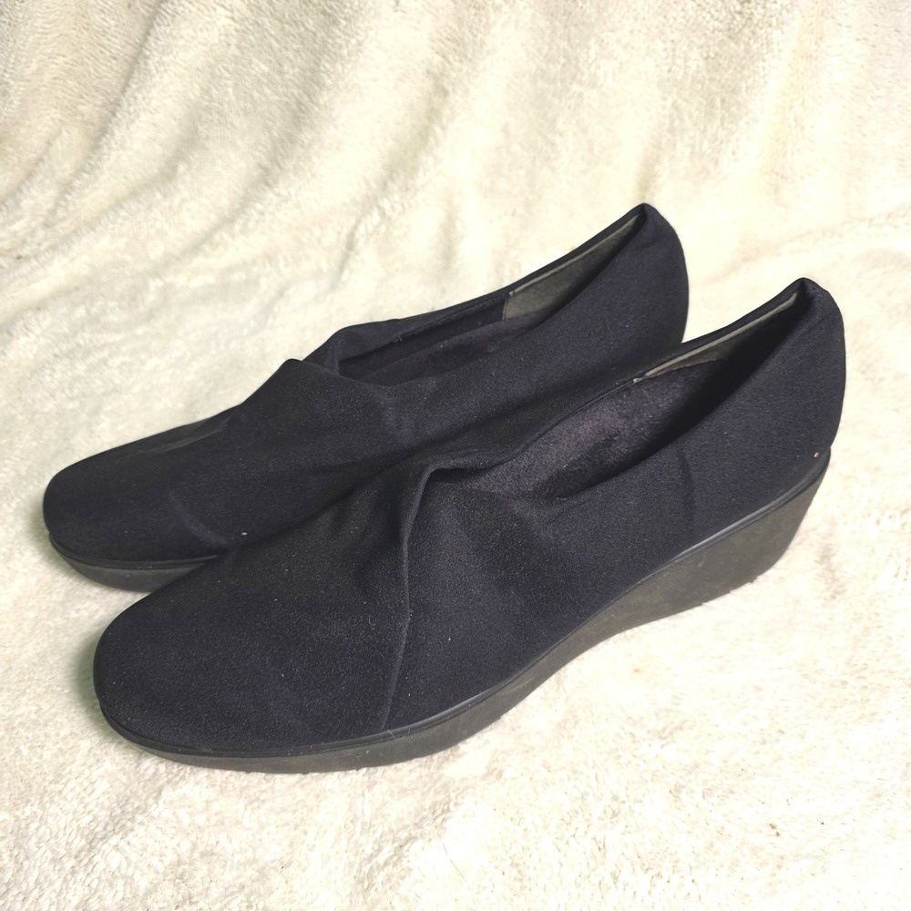 Munro American Walking Wedge Black Stretch Fabric Loafers Women 10.5 N Excellent